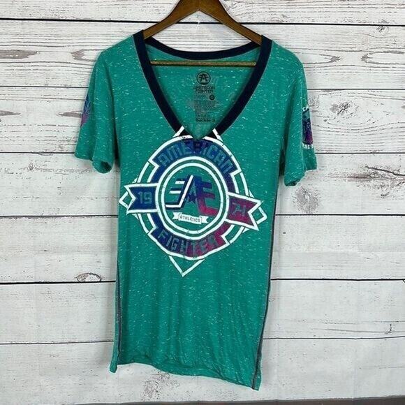 American Fighter Tee Shirt Womens XL Blue Green Y2K Punk Graphic Grunge Rocker - Picture 1 of 10